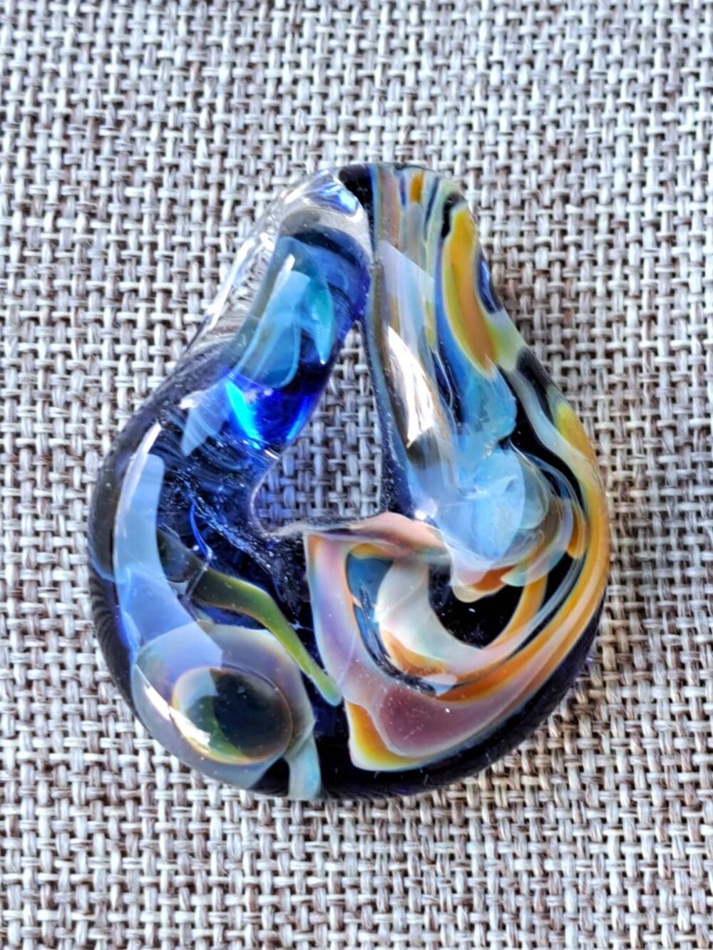 HAND BLOWN ART GLASS PENDANT FOR NECKLACE BLUE SWIRL DESIGN